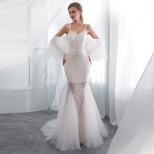 Alagirls 2020 Sexy Mermaid Ivory Wedding Dress Sweetheart Spaghetti Straps Wedding Gowns Court Train Tulle Vestido de novia