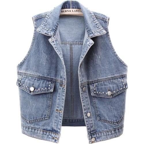 Diamond Big Pocket Denim Vest Women Blue Waistcoat Autumn Korean Sleeveless Jacket Big size Loose Short Frayed Jeans Vest Female