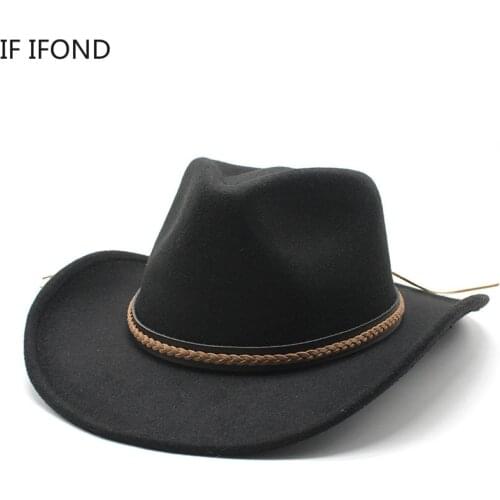 2022 Winter Roll Up Brim Western Cowboy Hat With Leather Retro Gentleman Lady Jazz Cowgirl Cap Church Sombrero Caps