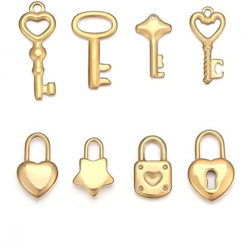 5pcs Stainless Steel Gold Lock Key Charms Lover Birthday Gifts Necklace Bracelet Pendants for DIY Jewelry Making Bulk Wholesale