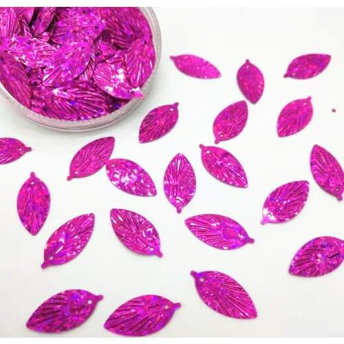 50g/lot Laser Rose Red Leaf Sequins 9*18mm PVC Flat Paillette Hologram Sewing Cute Small Hot Pink Leaves
