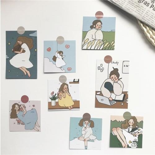 8 Sheets Cute Girl Live Alone Series Card Graph Wall Decoration Poster Cartoon Korean Photo Props Decorative Sticker