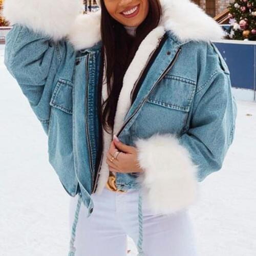 Oversized Jean Jacket Women Fashion Korean Winter Jackets Casual Loose Faux Fur Fleece Warm Thick Detachable Denim Coats Ladies