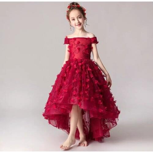 Elegant Childrens Wine Red Strapless Birthday Wedding Party Flower Prom Dress 2021 Summer Youth Girls Host Costume