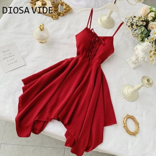 DIOSA VIDE French niche dress 2020 new summer sexy off-the-shoulder lace high waist was thin irregular strap dress