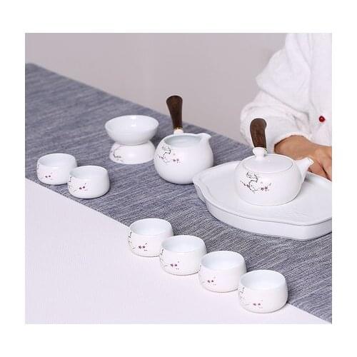 Pottery Kung Fu Tea Set Home Ru Kiln White Tea Pot Grate Bowl Cup Set Gift Box Tea Maker Creative Wooden Handle