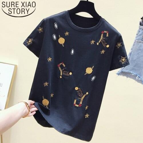 2020 Korea Casual Black Tee Shirt White T shirt Women Clothes Summer Short Sleeve Embroidery Vintage TShirt Female Tops 4863 50