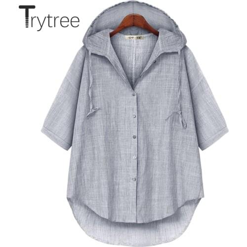 Trytree 2021 Summer Blouse Women Casual Hooded Single Breasted Solid Cotton Linen Office Lady Shirts Breathable Tops For Women
