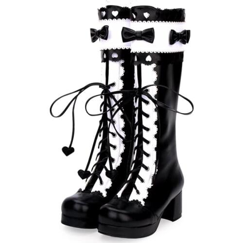 Sweet Lolita Cosplay Platform High Heel Lace-up Black and White Knee High Boots