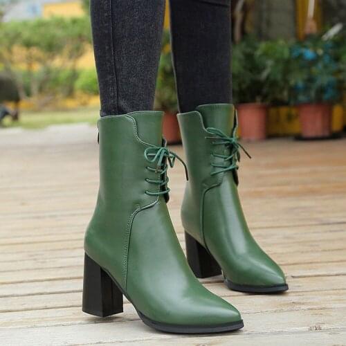 Vogue Leather Boots Women Nice Mid Calf Boots Pointed Toe Autumn Shoes Women Lace Up High Heel Boots Size Botas Mujer