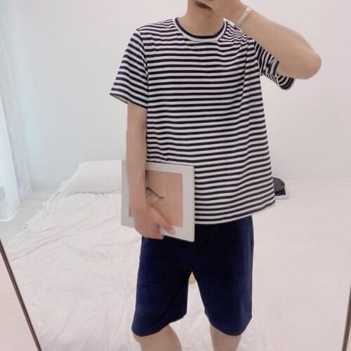 New Summer Mens Thin Pajamas Crew-neck Stripes Short-sleeved Pure Shorts Suit Casual Loose Pullover Home Wear Sets