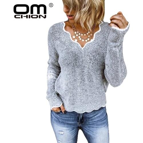 OMCHION Pull Femme Plus Size 2020 Koren Irregular V-neck Casual Cute Sweater Women Knitted Basic Pullover Winter Jumper LYT04