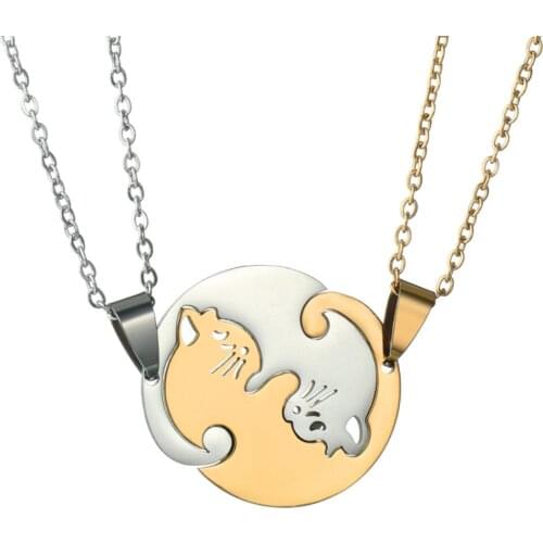 2pcs Couple Necklaces Cute Cartoon Cat Pendant Necklace Simple Personality Color Gold Silvery Animal Jewelry Gift for Girl Boys