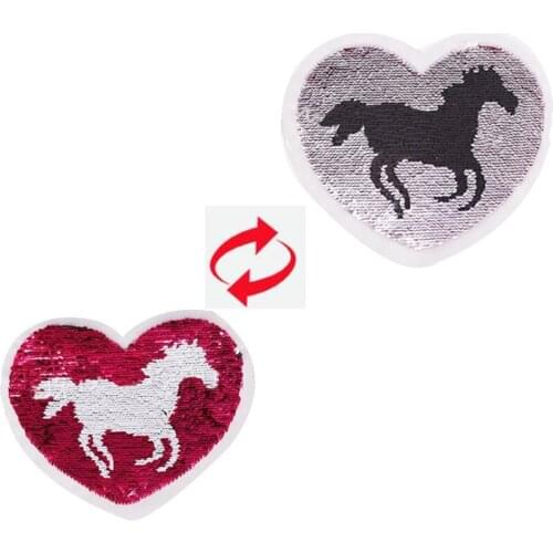 ShinEquin Cute Heart Horse flip the double sided Patches for clothing Diy Reversible change color sequins Patch T-shirt Stickers