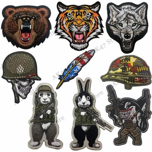 Tactical Animal Skull Helmet Feather Bear Tigher Wolf Shark Bunny Armed Guns Military Patch Embroidered Badge Emblem