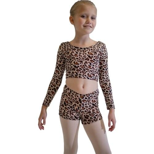 Girls Leopard Print Crop Top Long Sleeves and Shorts Ballet Jazz Dancing Costume Different Leopard Prints Comfortable Stylish