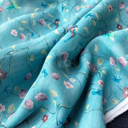 High quality new natural ramie fabrics Blue flower bud printing sewing Skirt dress shirt bag material