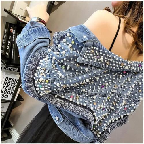 Denim Jacket Womens Short Loose 2021 Spring New Fashion Korean Heavy Industry Beaded Tassel Top