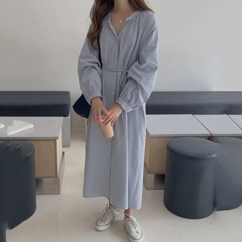 2020 Women Long Dresses Spring Autumn Elegant Casual Shirt Dress Cotton V Collar Long Sleeve Oversized Robe Femme