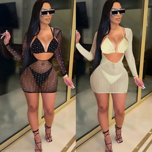 BKLD Sexy Slim Diamonds Long Sleeve Dress Halter Crop Top And Shorts Bathing Suit Women 3 Piece Sets Summer Club Outfits