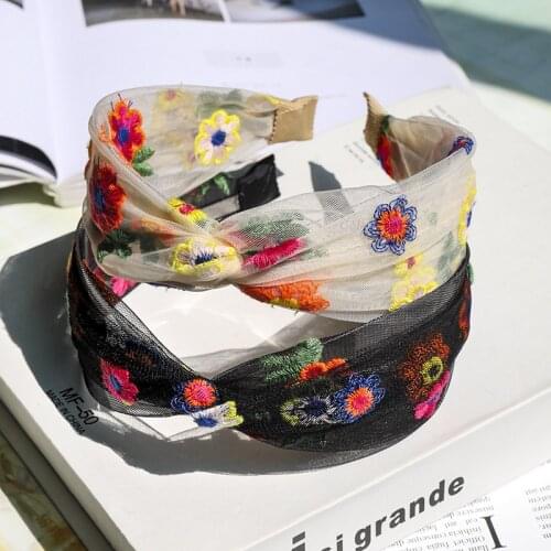 Retro Embroidery Flower Lace Hair bands Headband For Women Lady Summer Cross Wide Hair Hoop Korean Hair Accessories Holiday Gift