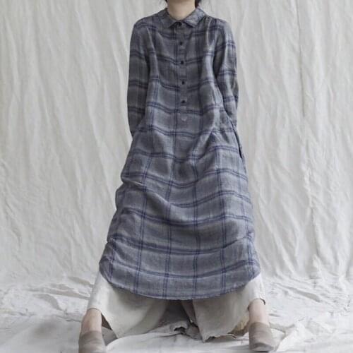Johnature Women Linen Shirt Dresses Vintage Turn-down Collar Plaid Clothes 2021 New Autumn Button Loose Female Casual Dress