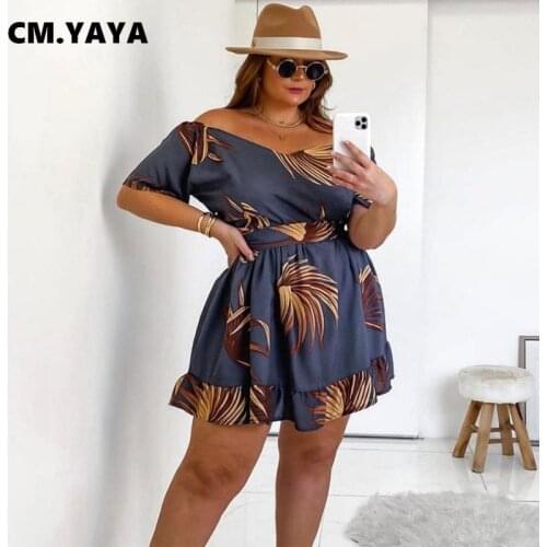 CM.YAYA Women Plus Size Dress Print Short Sleeve V-neck Loose Mini Dresses Female Casual High Street Outfit Summer 2021