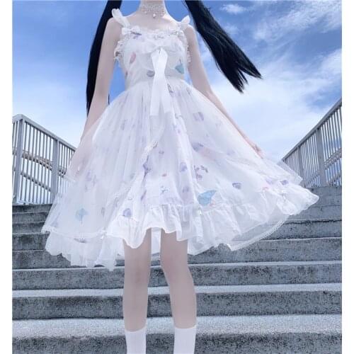 New Harajuku Gothic Women Fashion White Sweet Lolita Mesh Sling Dress Female Temperament Slim Sweet Kawaii Dress