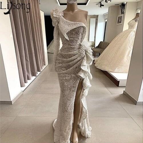 2020 Couture Sequins Lace Mermaid Evening Dress Long Sleeves One Shoulder High Split Ruffled Formal Prom Dresses Chic Party Gown