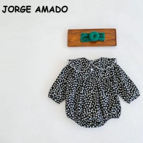 2021 New Autumn Baby Girls Bodysuits Black Floral Long Sleeve Peter Pan Collar Jumpsuit Baby Clothing Cute for 0-2 Years E2026