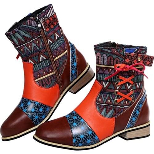 Retro Bohemian Boots Women Shoes Woman Spring Autumn Cow Leather Motorcycle Boots Zipper Chunky Heel Shoes 2020