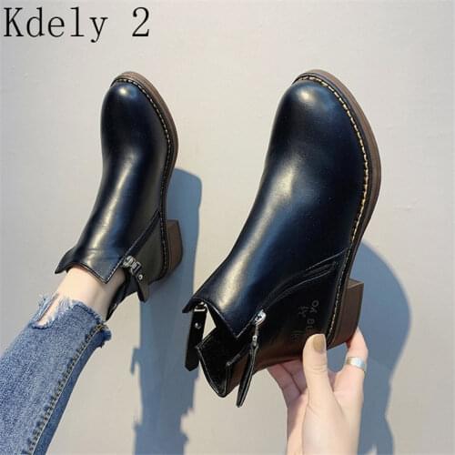 Winter Boots Women Solid Color Middle Heel Female Martin Boots Buckle Strap Fashion Round Toe Ankle Patchwork All Match