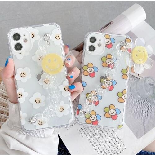 Wrist Chain Case for iphone 12Pro Max XS XR 8 7Plus 11ProMax Korean Daisy Glitter Flower Laser Bracelet Hand Strap Capa Cover