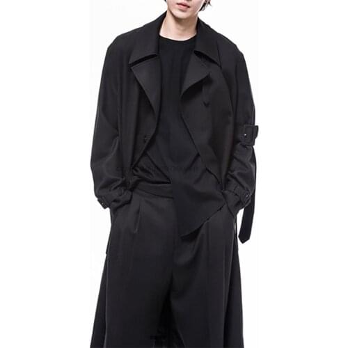 Homemade mens windbreaker loose dark black middle long style ribbon new spring