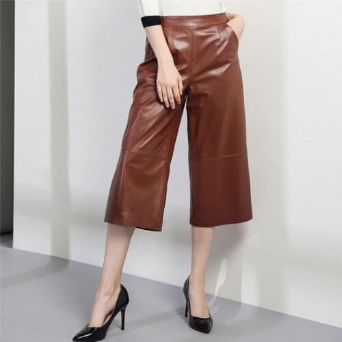 2021 Autumn winter womens real wide-leg Fashion women sheepskin high quality high-waist leather Capri pants A838