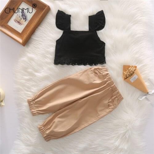 Baby Girls Summer Clothes Set Lace Flying Sleeve Top + Elastic Sport Pants Toddler Girls Tracksuit Casual Children Clothing Suit