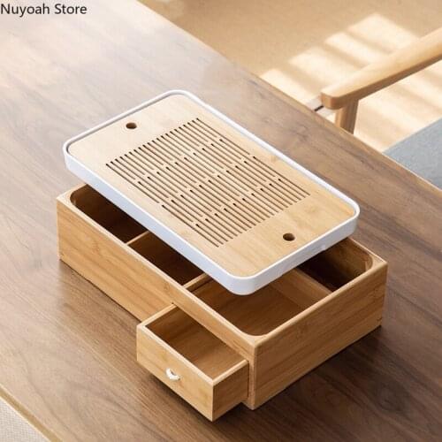 Creative Tea Tray Storage Box Bamboo Tray Tea Set Multifunctional Tea Tray Household Simple Coffee Table Decoration Accessories