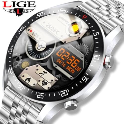 LIGE New Full Touch Screen Men Smart Watch Waterproof Sports Fitness Watches Fashion Steel Band Call Reminder Smartwatch For Men