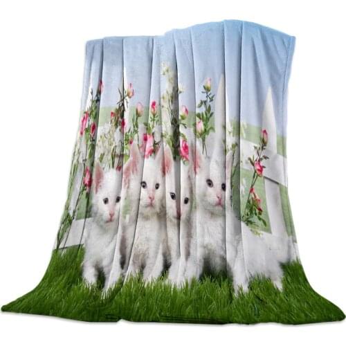 Animal Cat Meadow Fence Rose Flower Flannel Blanket Soft Throw Blanket Warm Microfiber Blankets for Beds Office Sofa Items