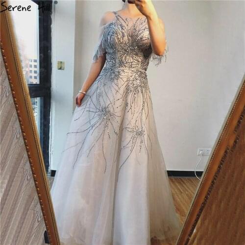 Real Photo Silver A-Line Sexy Evening Dresses 2020 Dubai Sleeveless Crystal Evening Gowns Serene Hill LA70172