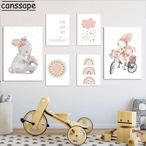 Rabbit Poster Sun Rainbow Art Print Nursery Wall Art Canvas Painting Bunny Prints Nordic Wall Pictures For Baby Room Decor