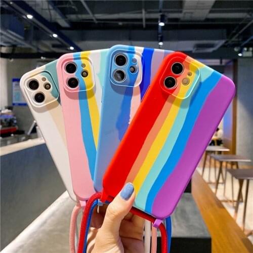 Rainbow Crossbody Lanyard Phone Case For Iphone 12 11 Pro Max 12 Mini X Xr Xs max 8 7 6 Plus Liquid Silicone Soft Back Cover
