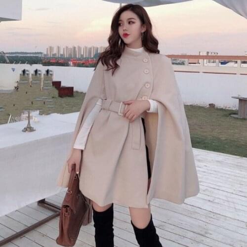 Woolen Cape Shawl Women Korean Solid Loose Cloak Coat Poncho Feminino Inverno Sashes Medium Long Outwear Winter Sleeveless Tops