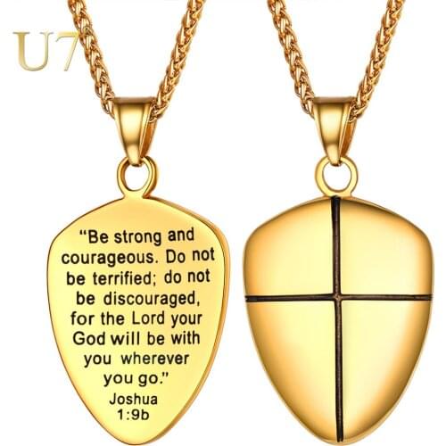 U7 Bible Cross Shield Of Faith Necklace Stainless Steel Pendant & Chains Gold/Black Fathers Day Men Gift Hiphop Jewelry P1138