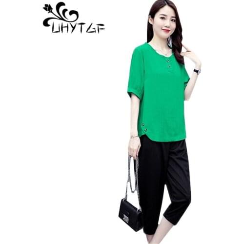 UHYTGF 2 piece set women fashion harem pants loose summer sports suit soft cotton linen comfortable plus size two piece set 981