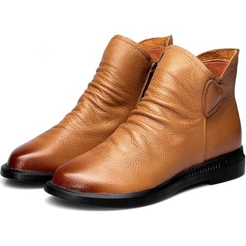Genuine cowhide womens ankle boots autumn fashion pleated side zipper ankle boots women flat shoes