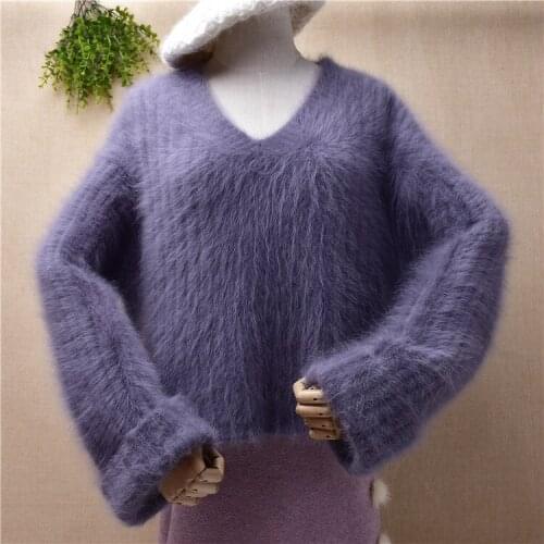 Ladies women fashion hairy fuzzy winter thick warm striped v-neck long sleeves loose pullover mink cashmere jumper sweater pull