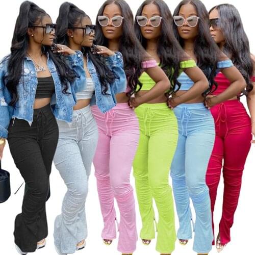 CM.YAYA Sport Solid Women two piece set Tracksuits off shoulder crop tops stacked flare jogger pants Suit Outfits Matching Set