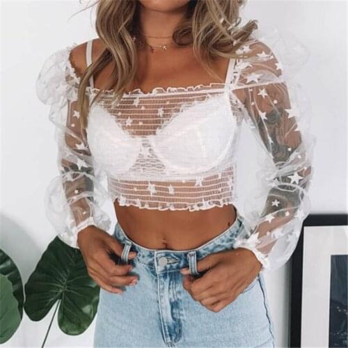 2019 Fashion Sexy Women Print T-shirt See Through Transparent Mesh Square Collar Long Sleeve Sheer Shirt Ladies Tops Tee