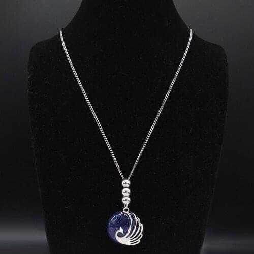 2021 Peacock Stainless Steel Natural Stone Long Necklaces for Women Silver Color Necklace Chain Jewelry cadenas mujer N20292